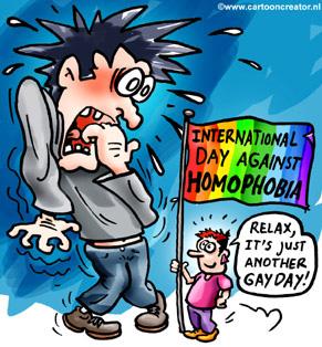 Cartoon: Homo Phobic (medium) by illustrator tagged homo,gay,scared,proud,cartoon,comic,character,fobia,phobic,angst,fear,flag,protest,illustration,illustrator,welleman,,homophobie,phobie,angst,furcht,krankhaft,homosexualität,schwul,homo,wortschöpfung,protest,fahne,flagge,demo,demonstration,diskriminierung,vorurteil,gesellschaft