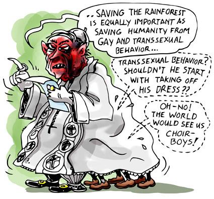 Cartoon: pope and his dress (medium) by illustrator tagged pope,speech,choir,boys,humanity,cartoon,satire,religion,warning,saving,gays,schwul,gay,queer,dress