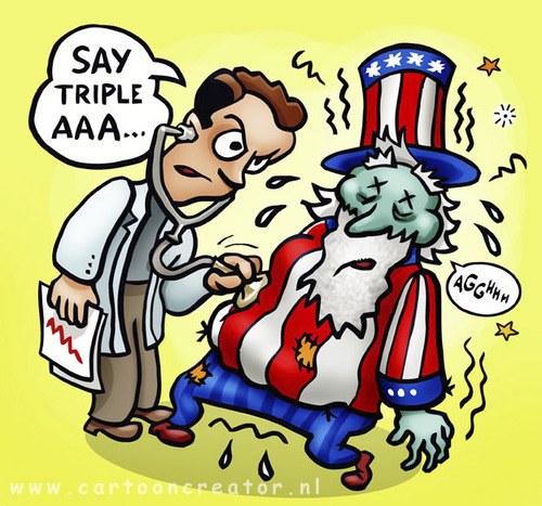 Cartoon: Uncle Sam getting sick (medium) by illustrator tagged crisis,financial,debt,uncle,sam,sick,triple,status,ill,usa,united,states,economy,worthiness