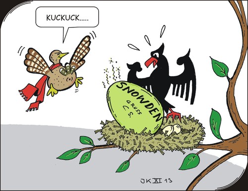 Cartoon: Kuckucks-Ei (medium) by JotKa tagged obama,putin,email,bündnispartner,asyl,grüne,cdu,csu,spd,bnd,seehofer,gabriel,merkel,ströbele,bundesregierung,abhöraffaire,nsa,whistleblower,snowden