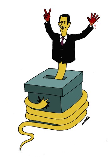 Cartoon: and winner is... (medium) by Medi Belortaja tagged syria,murder,kill,blood,snake,ballot,assad,al,bashar,elections,persidential