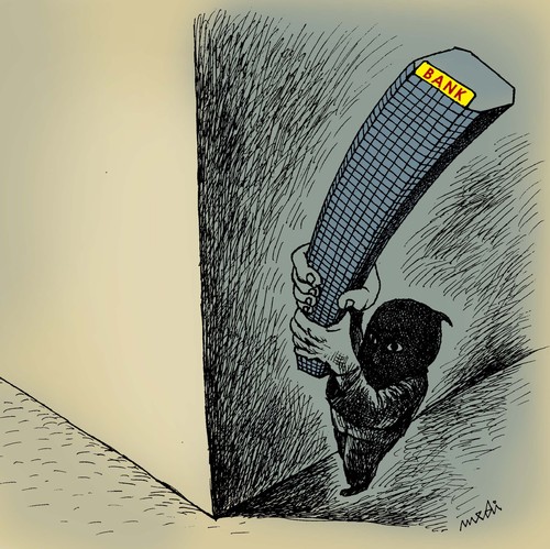 Cartoon: bank robbers (medium) by Medi Belortaja tagged building,stick,thief,theft,rob,robbers,banks,bank,stroke,beat,money