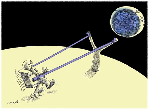 Cartoon: destination to earth (medium) by Medi Belortaja tagged moon,earth,slingshot,astronaut
