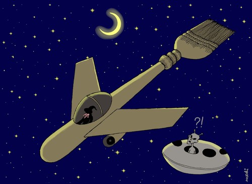 Cartoon: modern witches (medium) by Medi Belortaja tagged ufo,alien,flying,witches,broom,plane,modern