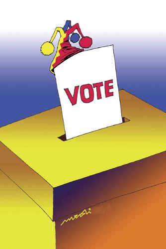 Cartoon: smiling elections (medium) by Medi Belortaja tagged elections,smiling,vote,ballot,box,manipulation,harlequin