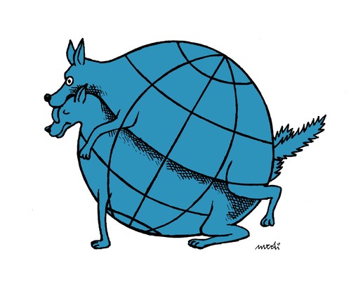Cartoon: the world is mine (medium) by Medi Belortaja tagged capitalism,wealth,property,exploitation,poverty,rich,poor,hemisphere,south,north,love,dogs,dog,earth,globe,world