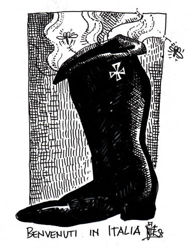 Cartoon: fascist boot (medium) by matteo bertelli tagged italy,boot,fascist,faschismus,italien,regierung,willkommen,scheußlich,überl,widerlich,fliegen,stiefel,gestank,politik,politiker,macht