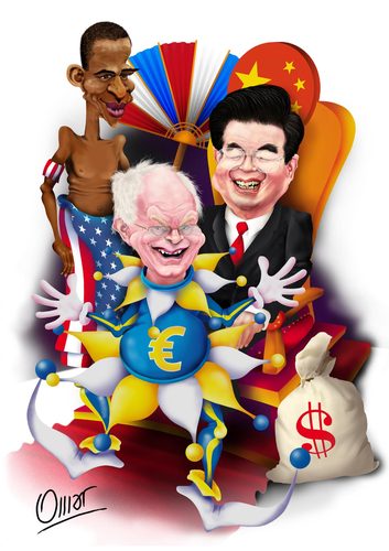 Cartoon: King Hu Jintao (medium) by riva tagged hu,jintao,herman,van,rompuy,barak,obama,euro,dolar,china,usa,eu