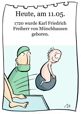 Cartoon: 11.Mai (medium) by chronicartoons tagged baron,münchhausen,kanonenkugel,geburtstag,lügen,cartoon