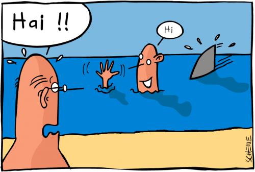 Cartoon: Hi! (medium) by Josef Schewe tagged schewe,wasser,strand,hai,shark,jaw,man,holidays,summer,beach,hai,strand,wasser,meer,urlaub,ferien,verreisen,baden,gefahr,risiko,haifisch,tiere,fisch,sommer,lebensgefahr,begrüßung,kommunikation,missverständnis,sparche,ritual,begrüßungsritual,hallo,bekannte