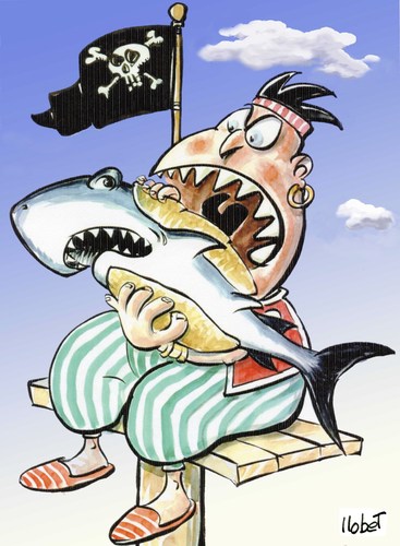 Cartoon: Pirate Breakfast (medium) by llobet tagged tiburon,sharks,breakfast,pirate