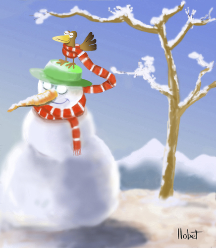 Cartoon: snowman (medium) by llobet tagged bird,snowman