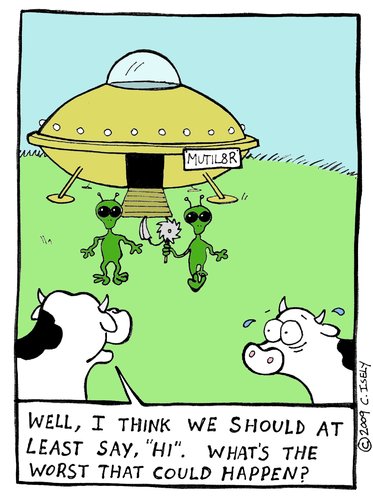 Cartoon: alien trouble (medium) by sardonic salad tagged cows,aliens,mutilation,sardonic,salad,cartoon,comic,space