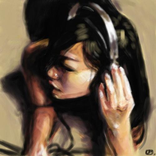 Cartoon: Listening to music (medium) by Laurie Mouret tagged asian,girl,listenig,to,music,headphones,painter
