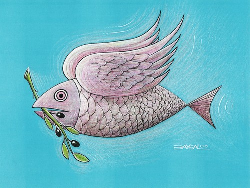 Cartoon: Fish (medium) by ercan baysal tagged hope,ercanbaysal,logo,animals,satire,humour,absurd,tiere,blue,fly,sea,olive,bird,peace,cartoons