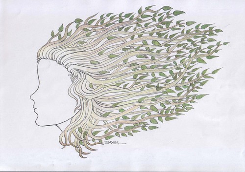 Cartoon: Naturel Hair (medium) by ercan baysal tagged handmade,sketch,pencil,pen,picture,image,vision,joy,idea,daydream,fantasy,job,good,girl,leaf,virgin,illustration,woman,hair,frau,logo,black,white,coiffeur,ecological,ercanbaysal,cartoons,art,grafik