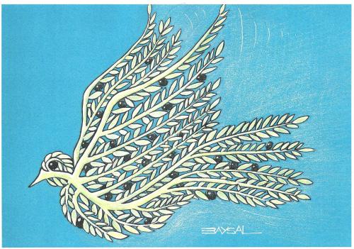 Cartoon: Pigeon (medium) by ercan baysal tagged branch,art,blue,pigeon,culture,ercanbaysal,design,zeytin,fly,white,olive,grafik,cartoon,black