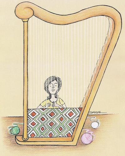 Cartoon: Throw rug (medium) by ercan baysal tagged art,carpet,orient,rug,throw,harp,music,woman,turkey,türkiye,colour