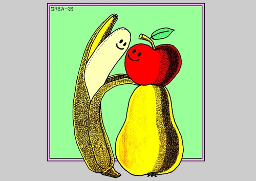 Cartoon: Natural Love (medium) by srba tagged adam,eve,natural,love,bananas,apples,pears,valentines