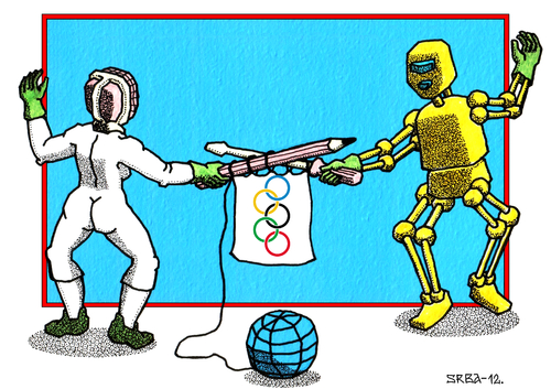 Cartoon: The Spirit and Technology (medium) by srba tagged fencing,robots,olympic,games,flag,sport