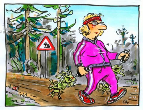 Cartoon: ... (medium) by GB tagged schutzgebiet,natur,training,bewegung,frühsport,gesundheit,walking,nordic,sport,tiere,frog,nature,sports,animals,nordic,walking,wandern,frösche,frosch,tier,natur,sport,fitness,spieß,aufspießen,essen,nahrung,walken,wellness,wanderung,trecken,trecking,fit,joggen,wanderer,ökologisch,fleischesser,veganer,vegetarier,biologisch,biotop,biosphäre,öko,bio,ökos,tierschutz,froschwanderung,naturschutz,flora,fauna,trimm dich,trimm,dich,trainingsanzug,fitnesswelle,rücksichtslosigkeit,froschschenkel