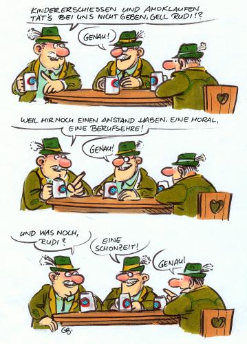 Cartoon: Die Ehre des Jägers (medium) by GB tagged kill,moral,kinder,stammtisch,amok,jäger,jagd,jagd,jäger,amok,stammtisch,kinder,moral,tod,ermorden,mord,schonzeit,bar,kneipe,bier,unterhaltung,gespräch,gesellschaft,stammtischstrategen,bayern,gamsbart,tracht,amoklauf,schusswaffen,schusswaffenmißbrauch,waffenschein,waffennarr,bowling for columbine,michael moore,erfurt,littleton,schusswaffenlobby,waffengesetz,gewehr,karabiner,pistole,armbrust,pumpgun,schule,jugendliche,gewaltvideos,videospiele,index,gewaltverherrlichung,gewaltspiele,egoshooter,waffenschrank,patronen,bowling,for,columbine,michael,moore