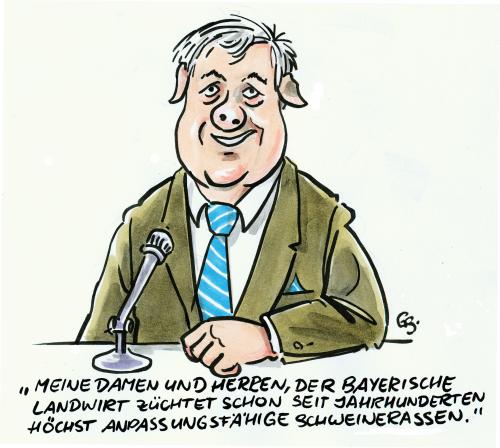 Cartoon: Bayern gegen Schweinezuchtpatent (medium) by GB tagged ministerpräsident,seehofer,bayern,csu,landwirtschaft,ertrag,züchtung,rasse,auslese,genmanipulation,konzern,monsanto,patent,schweinezucht