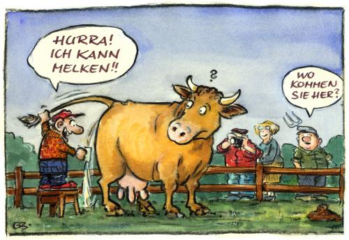 Cartoon: Hurra! Hurra! (medium) by GB tagged kinder,tiere,erzihung,wissen,ernährung,milch,kühe,rinder,urlaub,bauernhof,milcherzeugung,unkenntnis,hurra,kinder,tiere,natur,land,bauernhof,kuh,melken,milch,freude,wasserpumpe,pumpe,bauer,kind,wissen,pinkeln,agrar,landwirtschaft,agrarier,landwirt,kühe,farmer,landmann,acker,feld,bauernschlau,blindes huhn,bildung,ausbildung,schule,blindes,huhn,milchsee,milchknappheit,milchpreis,milchverbrauch,milch und honig,städter,landei,stadtmensch,stadtflucht,landleben,agrarzuschüsse,agrarpolitk,europäische union,milh,und,honig,europäische,union