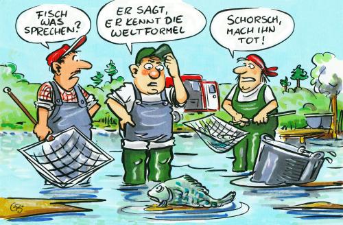 Cartoon: Karpfenernte (medium) by GB tagged philosphie,essen,wasser,weiher,teich,fisch,sinnsuche,karpfen,weltformel,cartoon,cartoons,weltformel,karpfen,fisch,fische,tier,tiere,gewässer,see,teich,sinnsuche,sinn des lebens,wasser,essen,philosophie,fragen,antwort,dasein,menschheit,zweck,sinn,des,lebens