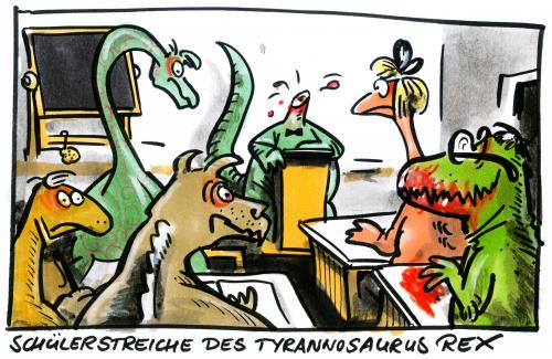 Cartoon: Schülerstreiche des T. Rex (medium) by GB tagged amok,steinzeit,dinosaurier,archäologie,children,kinder,schule,schule,kinder,archäologie,dinosaurier,evolution,geschichte,tiere,klasse,lehrer,schüler,schülerstreich,streich,tyrannosaurus,rex,unfug,urzeit,vorzeit,pädagoge,schwarze pädagogik,klassenzimmer,kopflos,lehrermangel,pädagogenmangel,unterichtsgestaltung,integration,sicherheit,gefahr,erschütterung,empörung,pisastudie,bildungsnotstand,bildungsmisere,schwarze,pädagogik