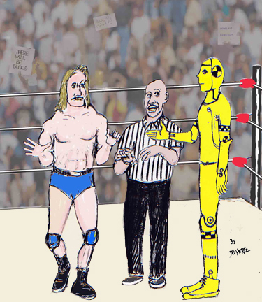 Cartoon: Ok lets wrestle (medium) by optimystical tagged strange,opponent,wrestler,wrestling,referee,match,sports,event,crowd,cheers,crash,test,dummie