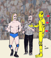 Cartoon: Ok lets wrestle (small) by optimystical tagged strange,opponent,wrestler,wrestling,referee,match,sports,event,crowd,cheers,crash,test,dummie