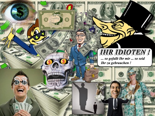 Cartoon: Gesucht werden ... Idioten (medium) by eCollage tagged egoismus,gier,kapitalismus,faschismus