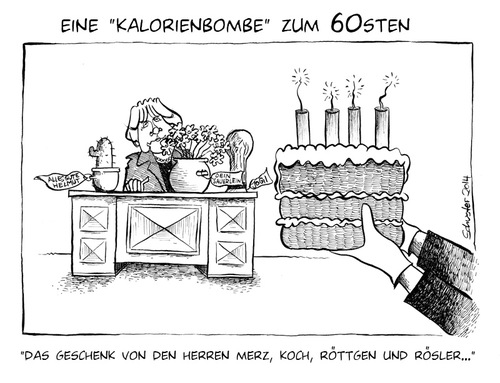 Cartoon: Angela Merkel Geburtstag (medium) by Mario Schuster tagged karikatur,cartoon,mario,schuster,angela,merkel,geburtstag,merz,röttgen,rösler,koch,deutschland