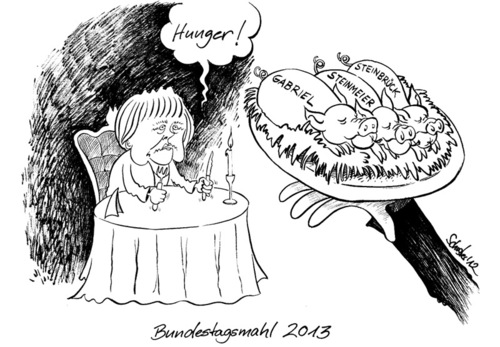 Cartoon: Bundestagsmahl 2013 (medium) by Mario Schuster tagged karikatur,cartoon,schuster,mario,merkel,angela,gabriel,steinmeier,steinbrück,wahl