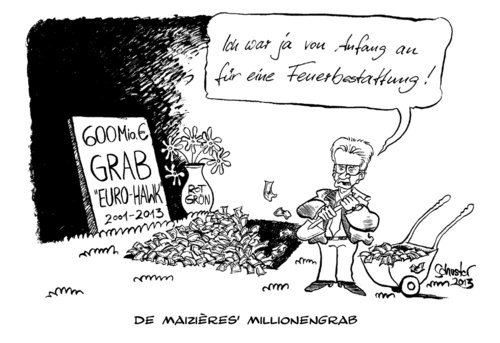 Cartoon: De Maizieres Millionengrab (medium) by Mario Schuster tagged karikatur,cartoon,mario,schuster,de,maiziere,drohne,politik,verteidigung,minister