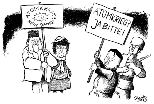 Cartoon: Demonstranten mit Ausstrahlung (medium) by Mario Schuster tagged karikatur,cartoon,mario,schuster,nordkorea,demo,kim,jung,il,atom,kraft,krieg