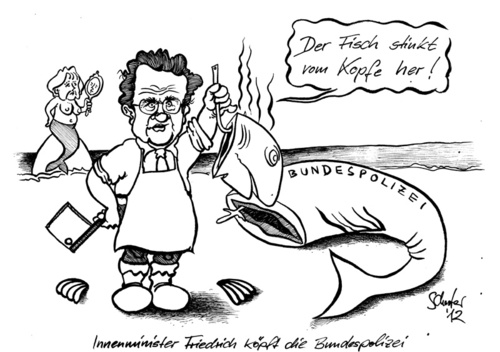 Cartoon: Friedrich köpft Bundespolizei (medium) by Mario Schuster tagged karikatur,cartoon,schuster,mario,friedrich,polizei