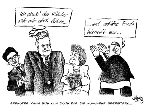 Cartoon: Horst Seehofer kann sich... (medium) by Mario Schuster tagged karikatur,cartoon,mario,schuster,horst,seehofer,homo,ehe,rösler,merkel,gera,greiz