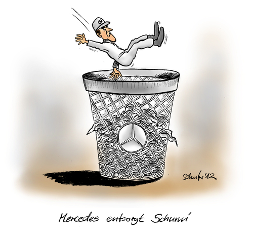 Cartoon: Mercedes entsorgt Schumi (medium) by Mario Schuster tagged karikatur,cartoon,mario,schuster,michael,schumacher,mercedes,norbert,haug,formel