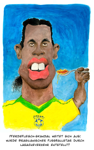 Cartoon: Pferdefleischskandal (medium) by Mario Schuster tagged karikatur,cartoon,mario,schuster,pferdefleisch,lasagne,skandal,ronaldinho,fussball