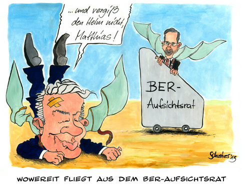 Cartoon: Wowereit fliegt... (medium) by Mario Schuster tagged brandenburg,berlin,flughafen,platzeck,wowereit,schuster,mario,cartoon,karikatur