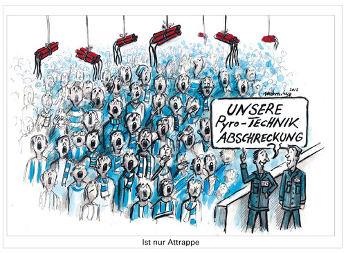 Cartoon: Pyro-Technik Abschreckung (medium) by Mohrenberg tagged pyro,technik,stadien,sicherheit,feuer,stimmung,fußball