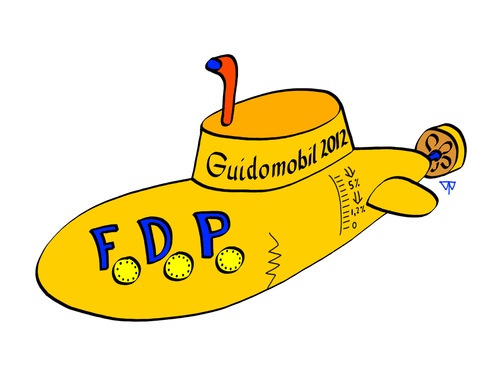 Cartoon: Abtauchen zum Nullpunkt (medium) by thalasso tagged guidomobil,uboot,submarine,yellow,wahlkampf,niedergang,fdp