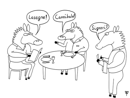 Cartoon: Chili con Caballo (medium) by thalasso tagged pferdefleisch,lebensmittel,skandal,verbraucherschutz,verbraucher,fertiggericht,lasagne,betrug,kannibale,restaurant,ober,kellner