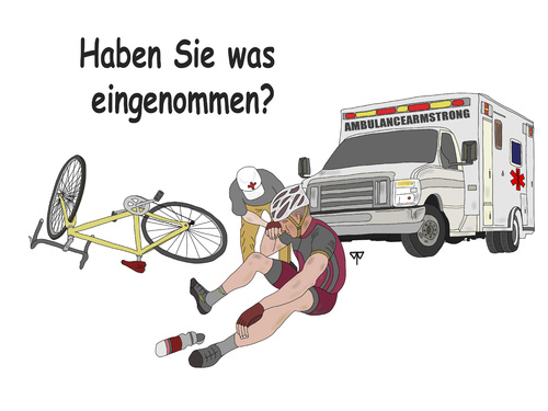 Cartoon: AMBULANCEARMSTRONG (medium) by thalasso tagged leistungssteigerung,drogen,drugs,medikamente,betrug,radsport,doping,france,de,tour,armstrong,lance,bicycle,cycling,sport