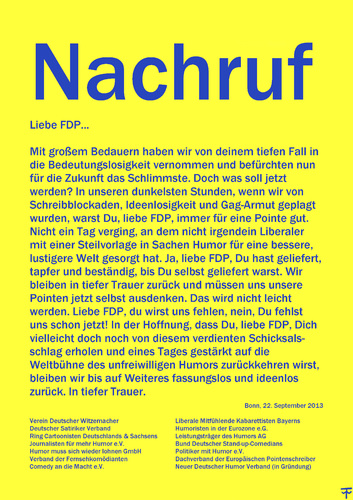 Cartoon: Nachruf (medium) by thalasso tagged fdp,wahlen,bundestagswahl,prozent,hürde,zweitstimme,abtauchen,scheitern,2013,verlieren