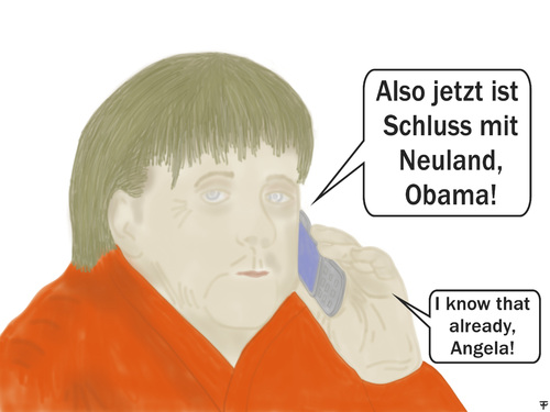 Cartoon: Schluss mit Neuland (medium) by thalasso tagged bundeskanzlerin,angela,merkel,handy,abhören,usa,geheimdienst,nsa,spionage,überwachung,abhörskandal,internet,telefon,smartphone,bundesregierung