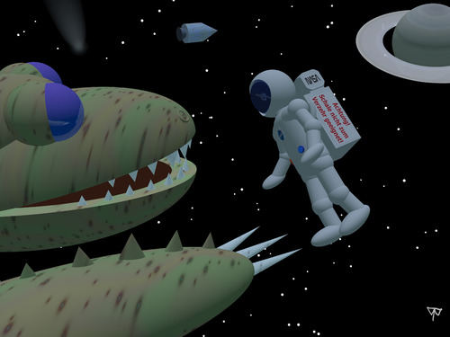 Cartoon: Space Monster (medium) by thalasso tagged verzehr,schale,raumanzug,weltall,weltraum,consumption,unfit,peel,skin,spacesuit,astronaut,spaceman,monster,space