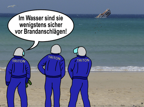 Cartoon: Triton (medium) by thalasso tagged mare,nostrum,triton,eu,europa,mittelmeer,meer,untergang,schiffskatastrophe,flucht,bootsflüchtlinge,flüchtlinge,nordafrika,malta,lampedusa,sizilien,italien,griechenland,libyen,syrien,katastrophe,flüchtlingspolitik,menschenrechte,grenzsicherung,schlepper,sc